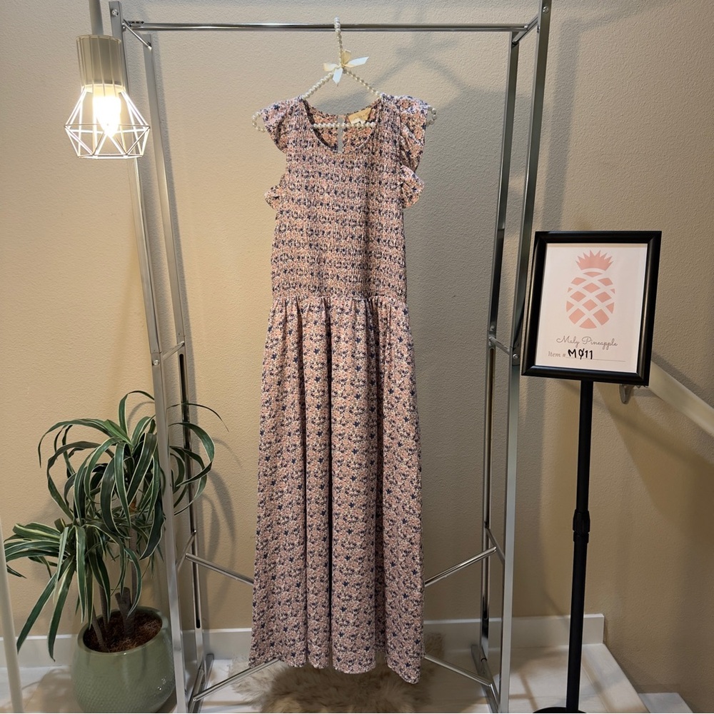 Melloday size L pastel floral smocked maxi ruffled sleeves with pockets dress.